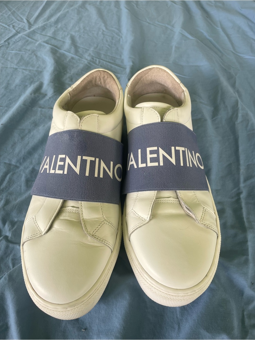 Valentino White Leather men’s Slip-On Sneakers with Navy Logo Band